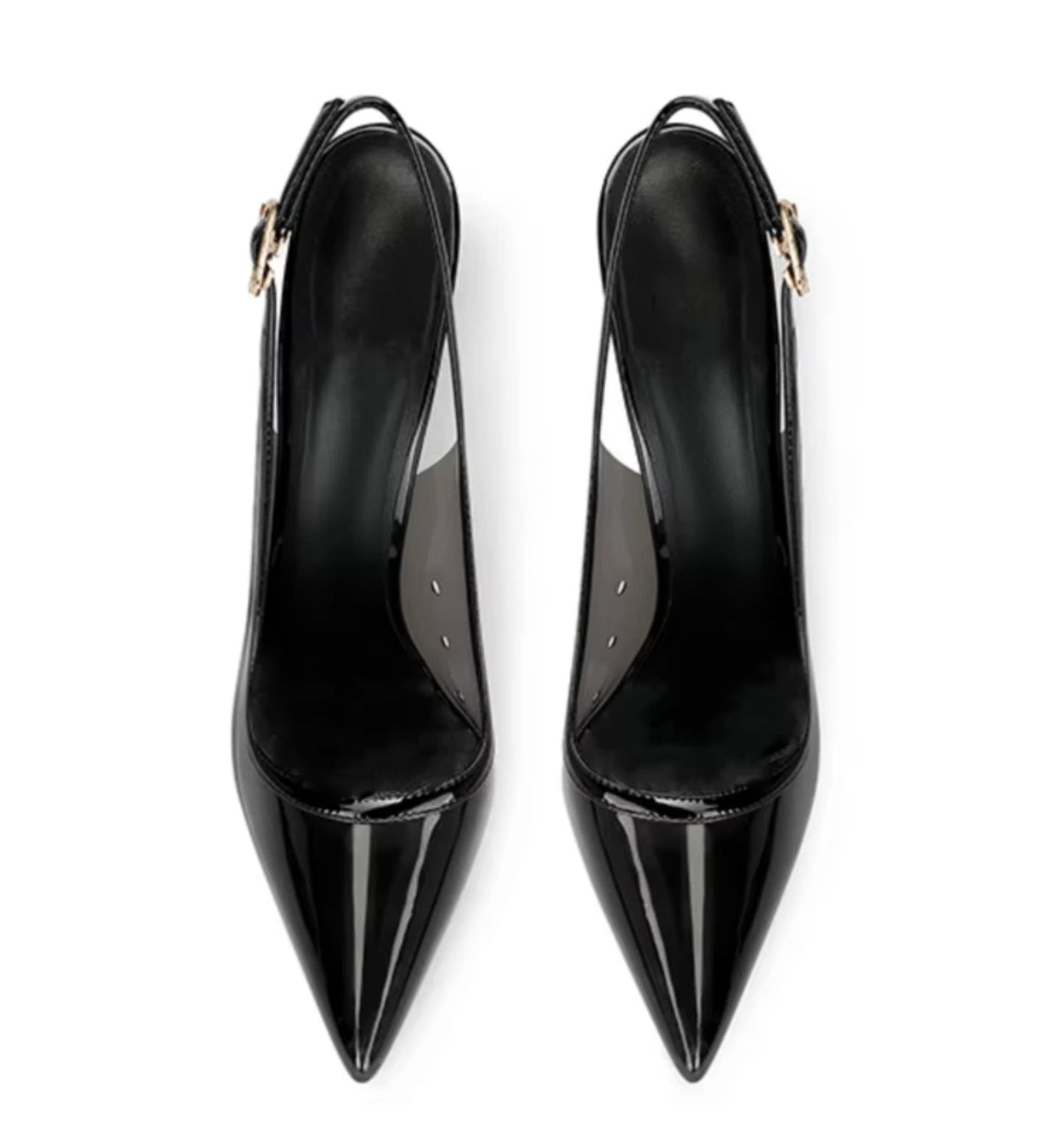 Pair of black high-heeled shoes on a white background