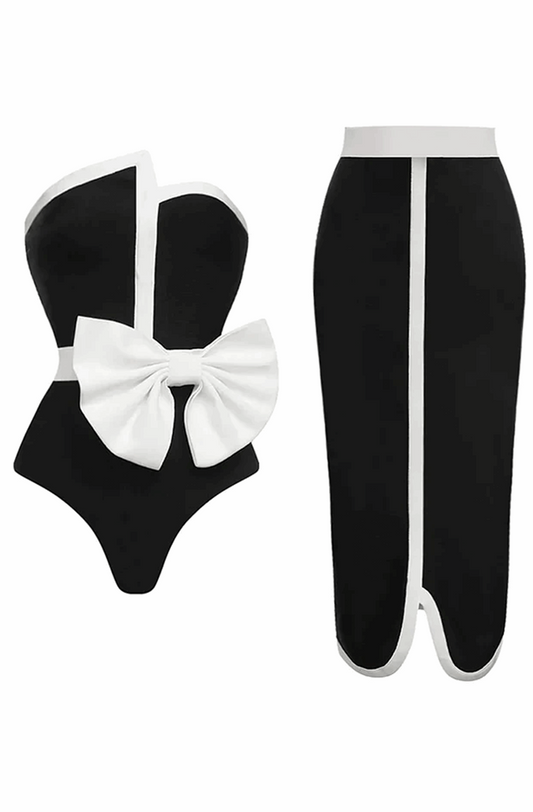 Strapless one piece swimsuit with matching long skirt