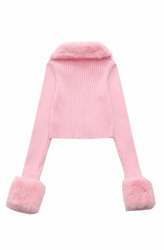 Ribbed knit cardigan with detachable fur