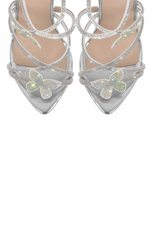 Pointed open toe rhinestone butterfly stiletto sandals