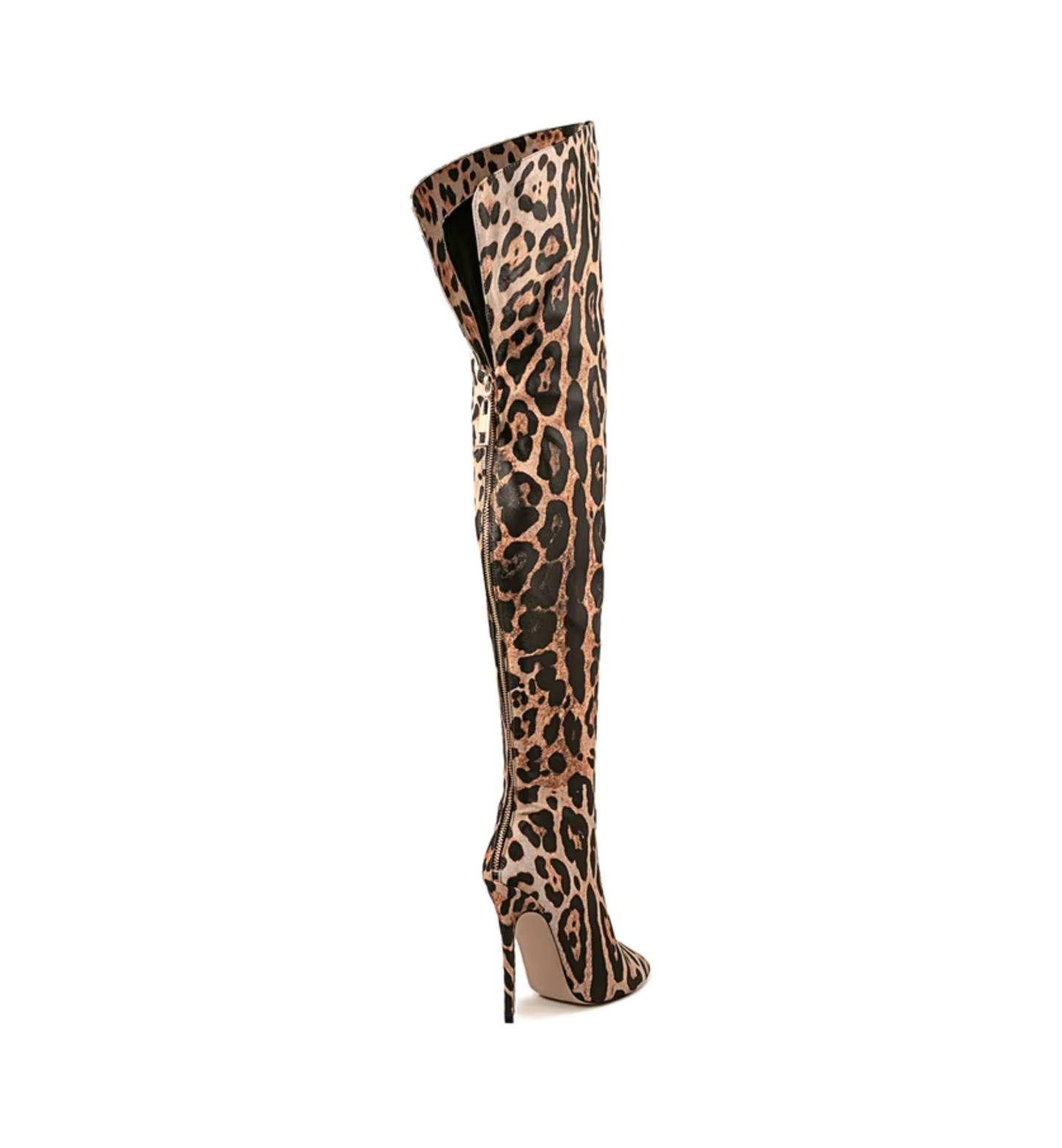 Back view of leopard print thigh-high boots highlighting tall stiletto heel and fitted leg shape.
