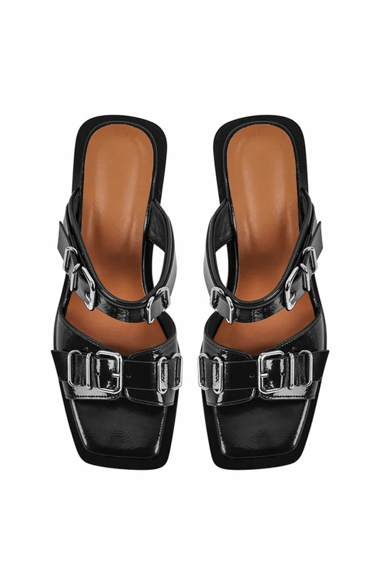 Square toe buckle chunky heeled sandals