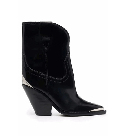 Black ankle boot with metallic accents on a white background