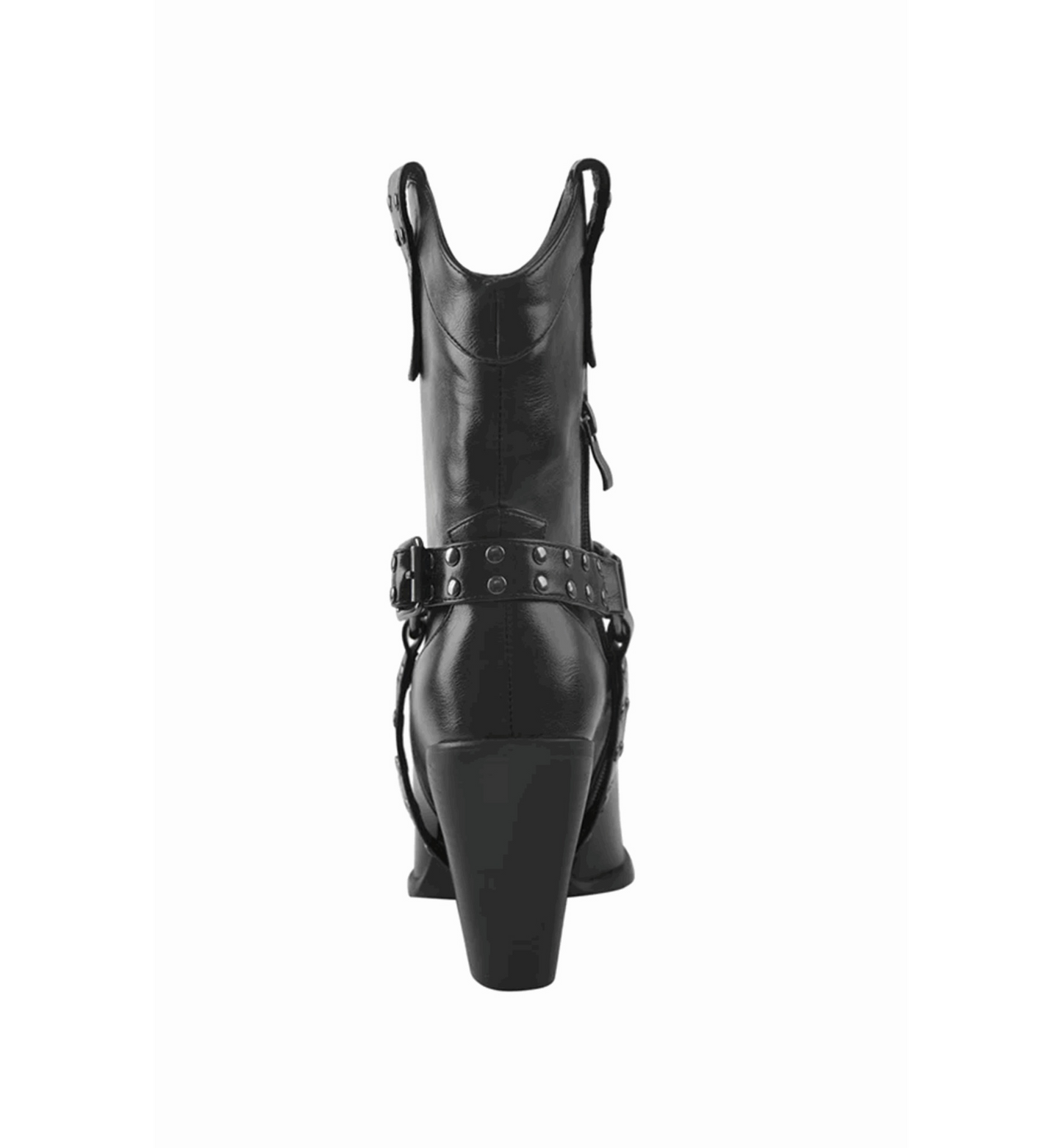 Black leather boot with straps and buckles on a white background