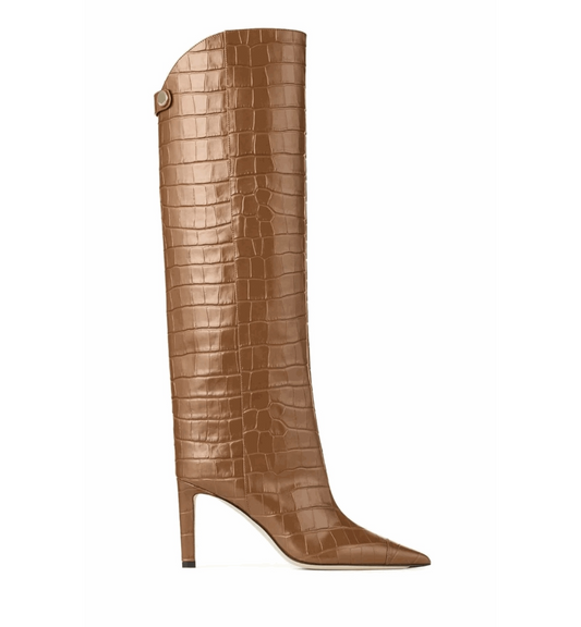 Brown knee-high boot with crocodile texture on a white background