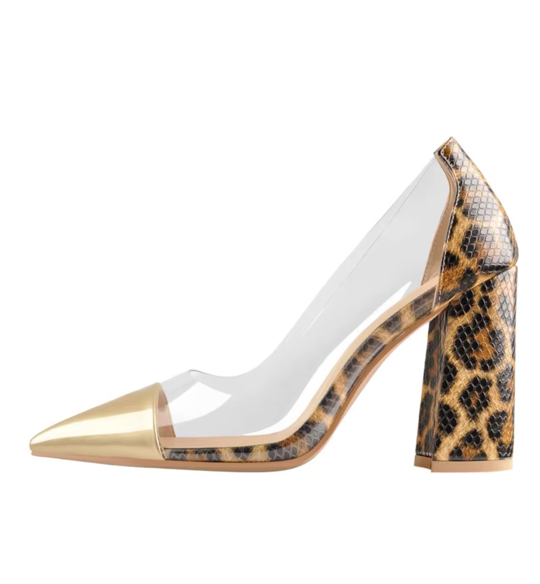 High-heeled shoe with leopard print and gold accents on a white background
