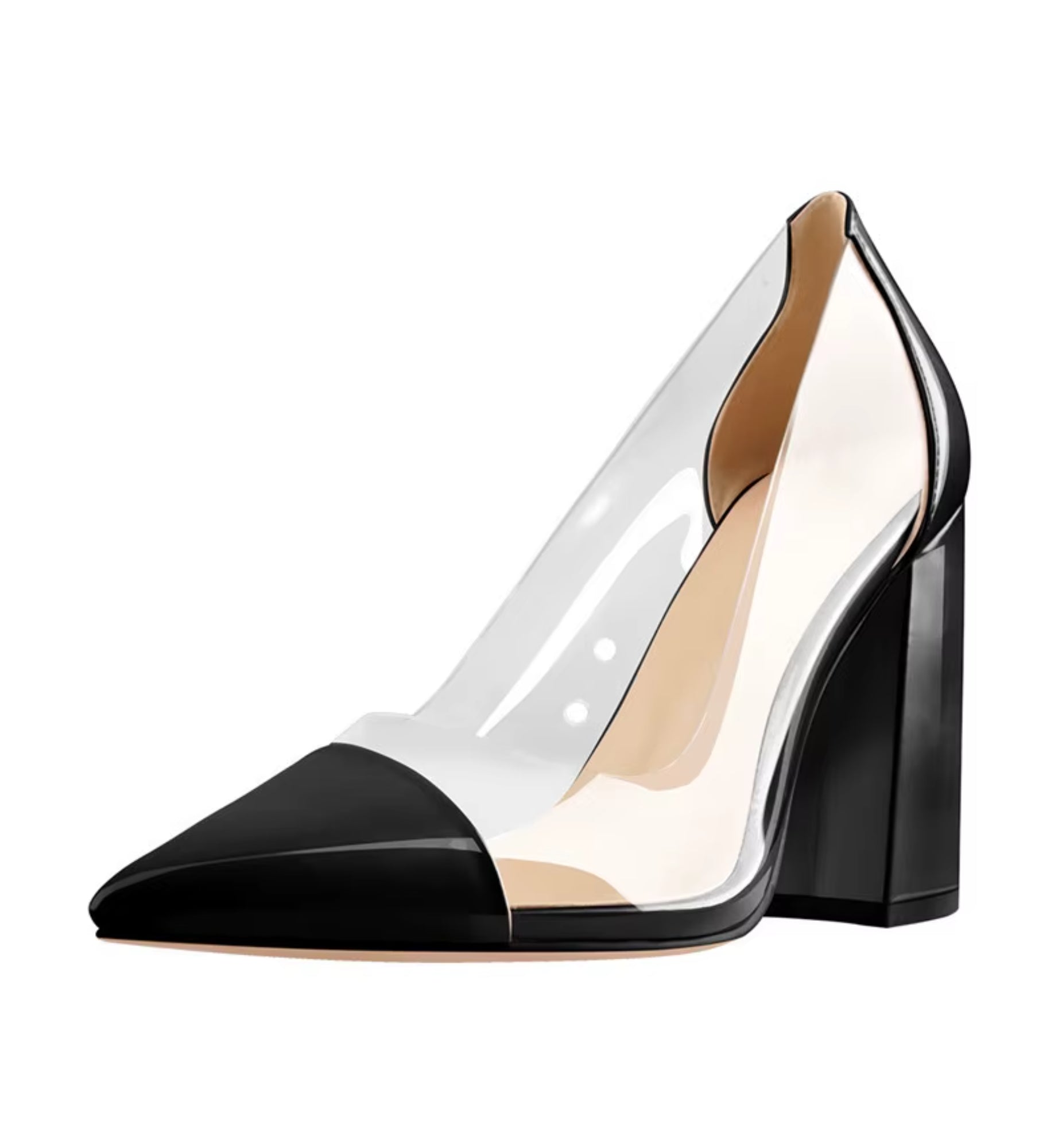 Black high-heeled shoe with transparent side on a white background