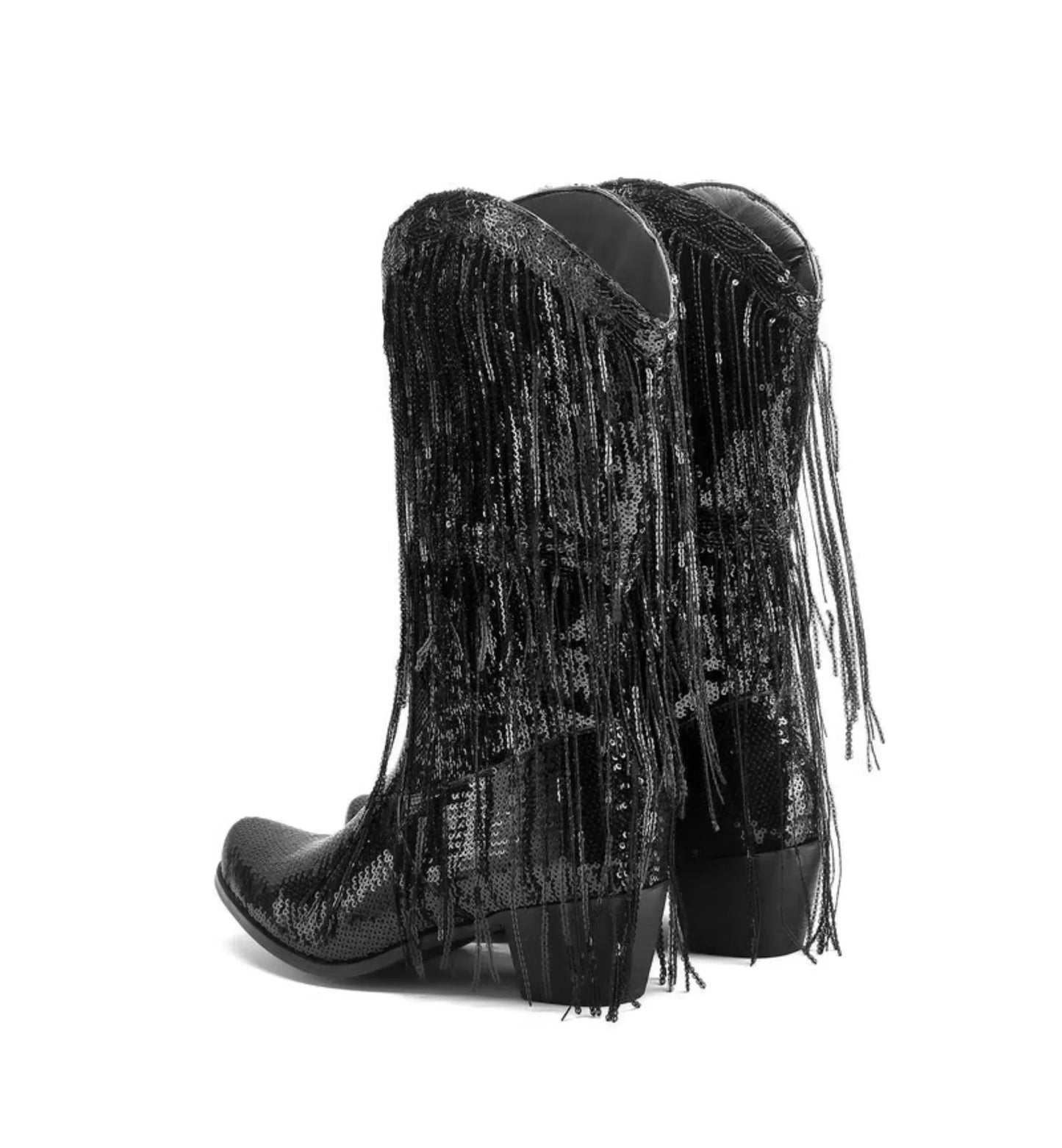 Black fringe boots on a white background