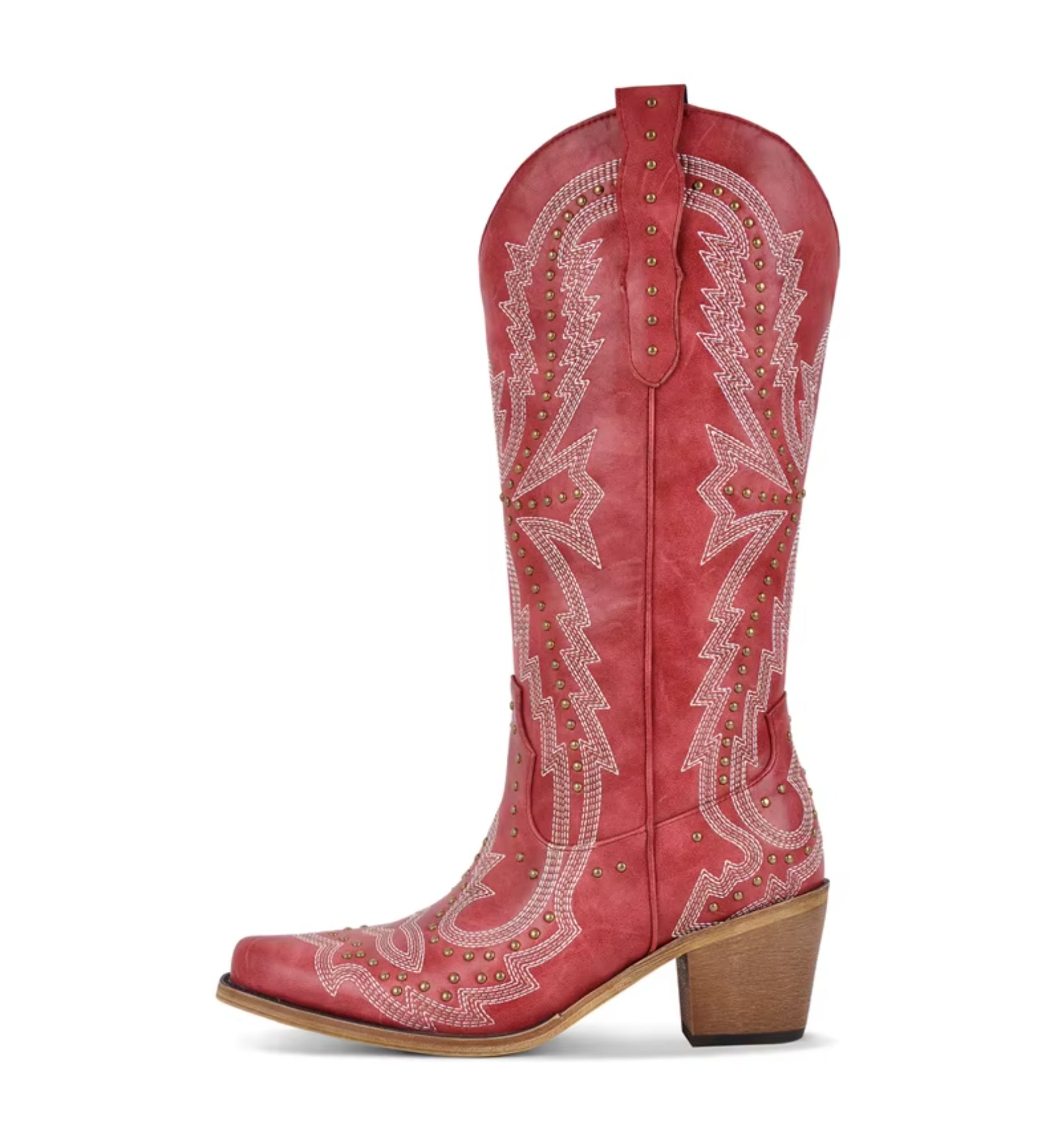 Red cowboy boot with white embroidery on a white background