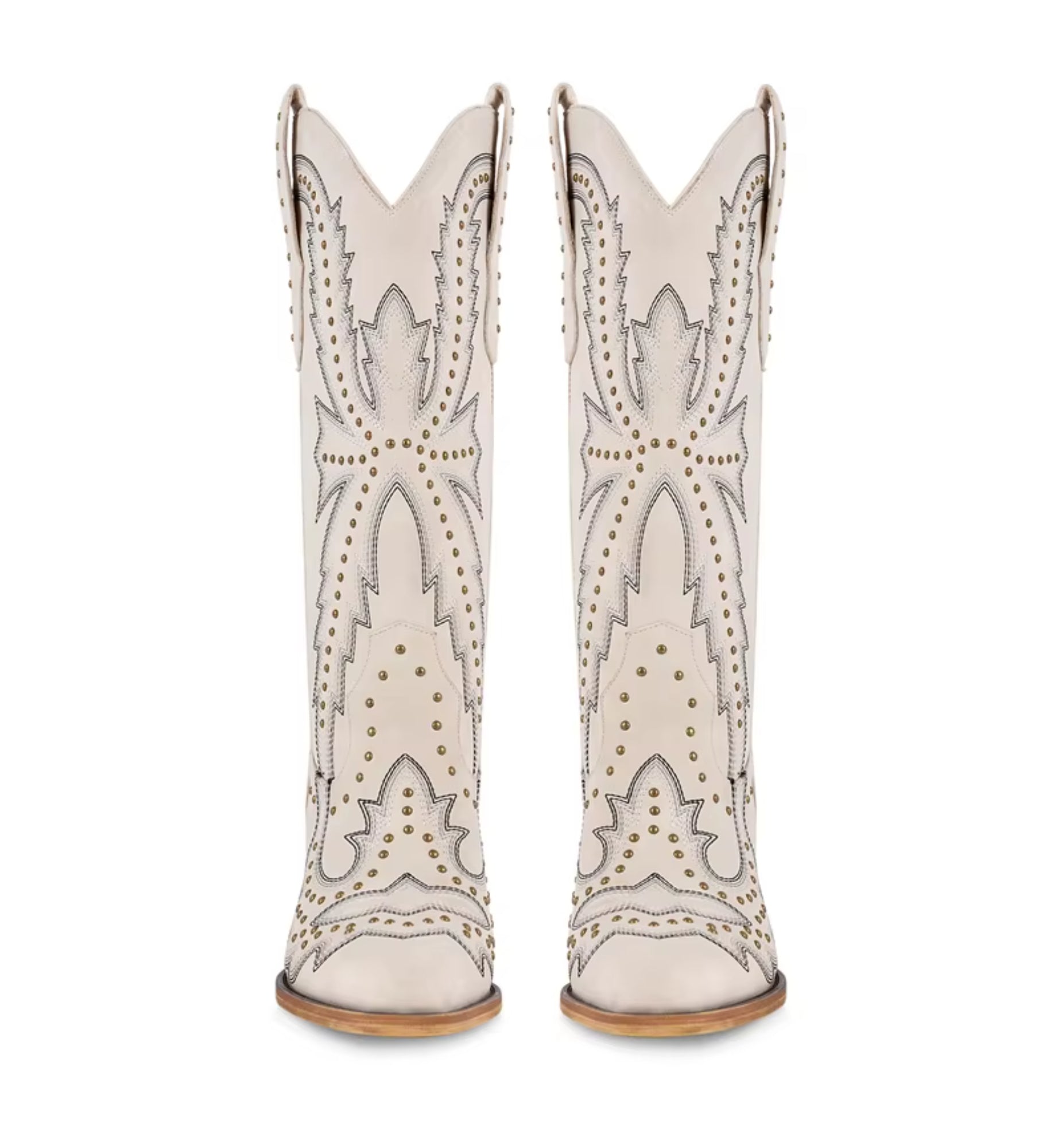 White cowboy boots with star designs and brown soles on a white background