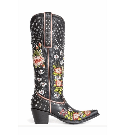 Black cowboy boot with floral embroidery and rhinestones on a white background