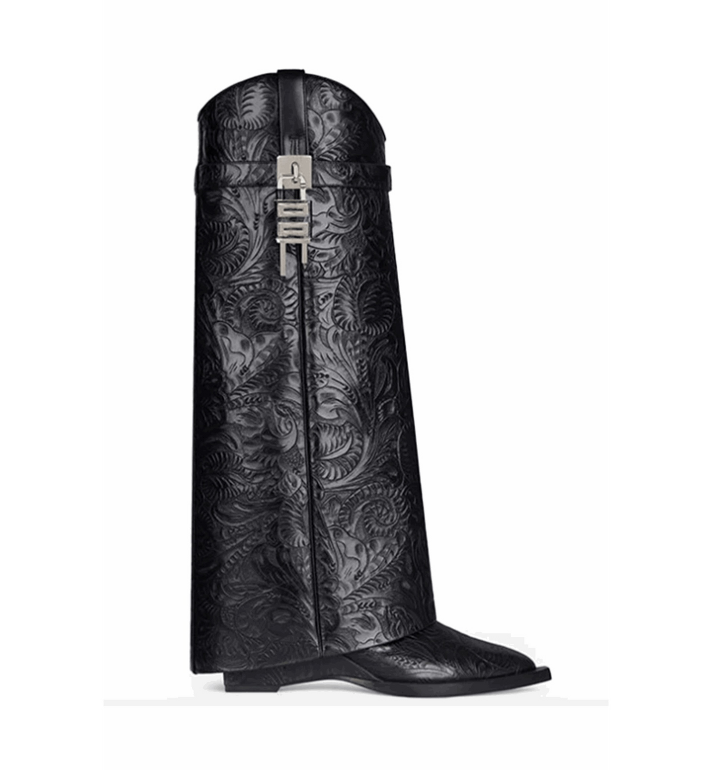 Black embroidered boot on a white background