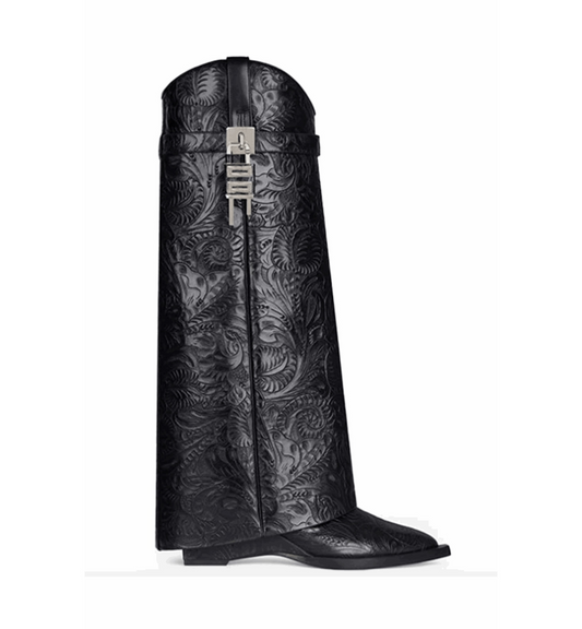 Black embroidered boot on a white background