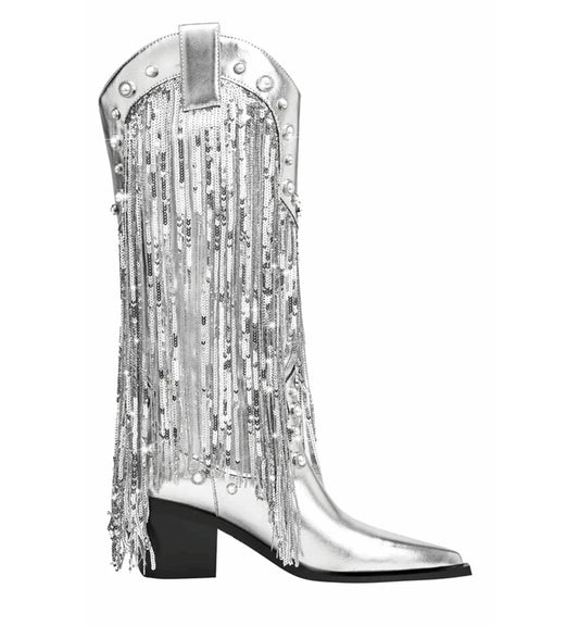 Silver fringe boot with a black heel on a white background