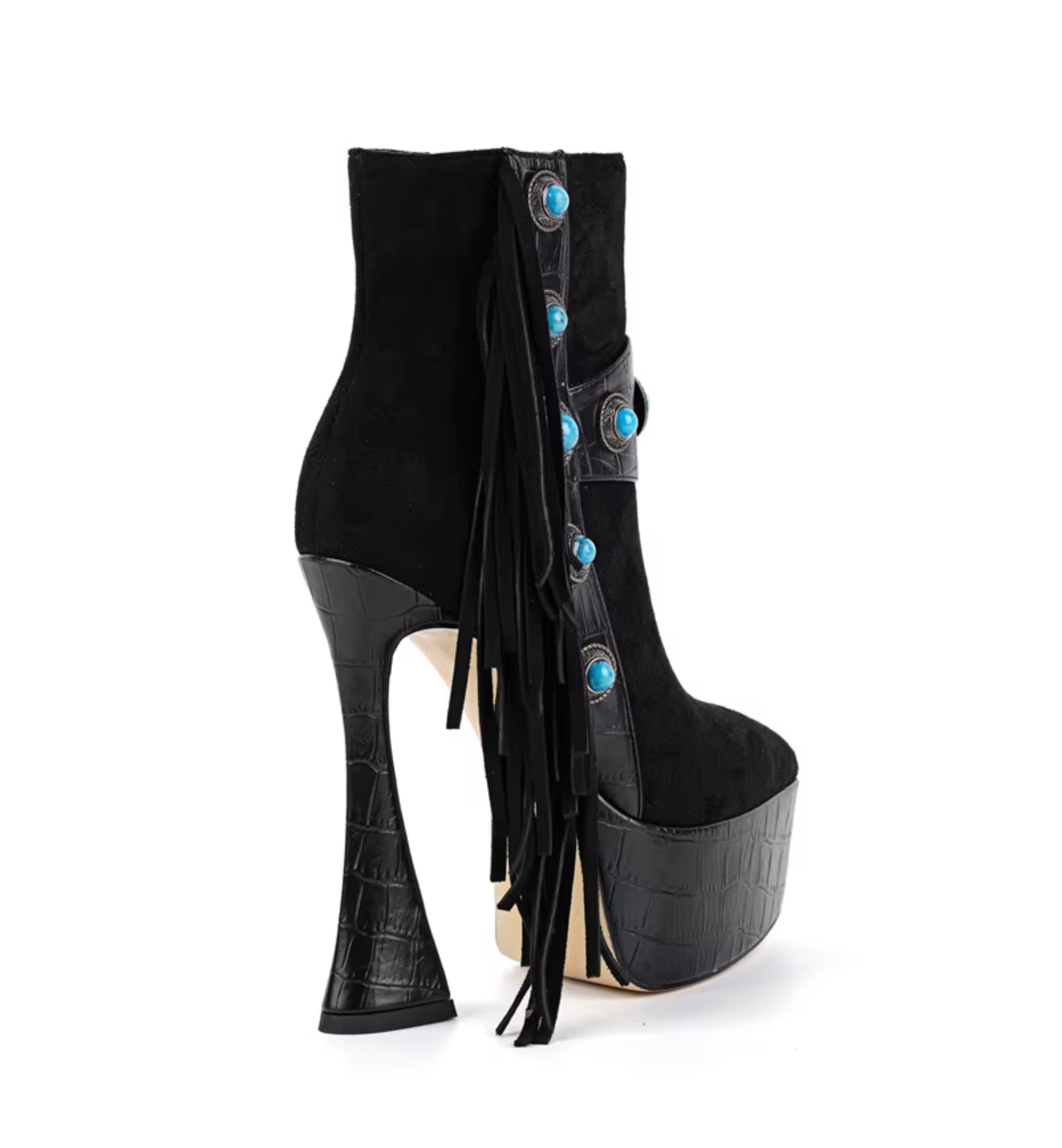Black high-heeled platform boots with turquoise buttons and fringes on a white background