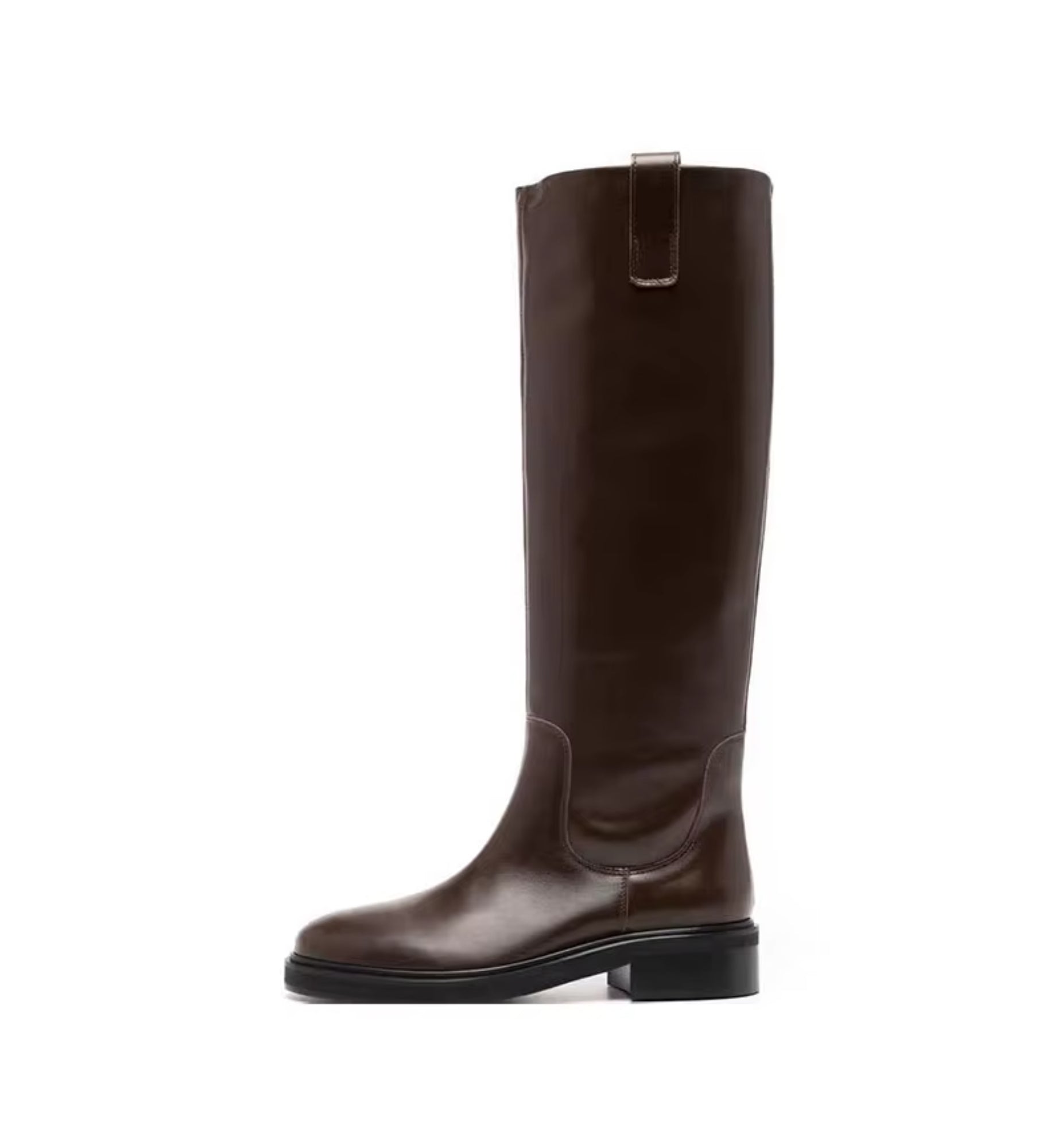 Brown knee-high boot on a white background