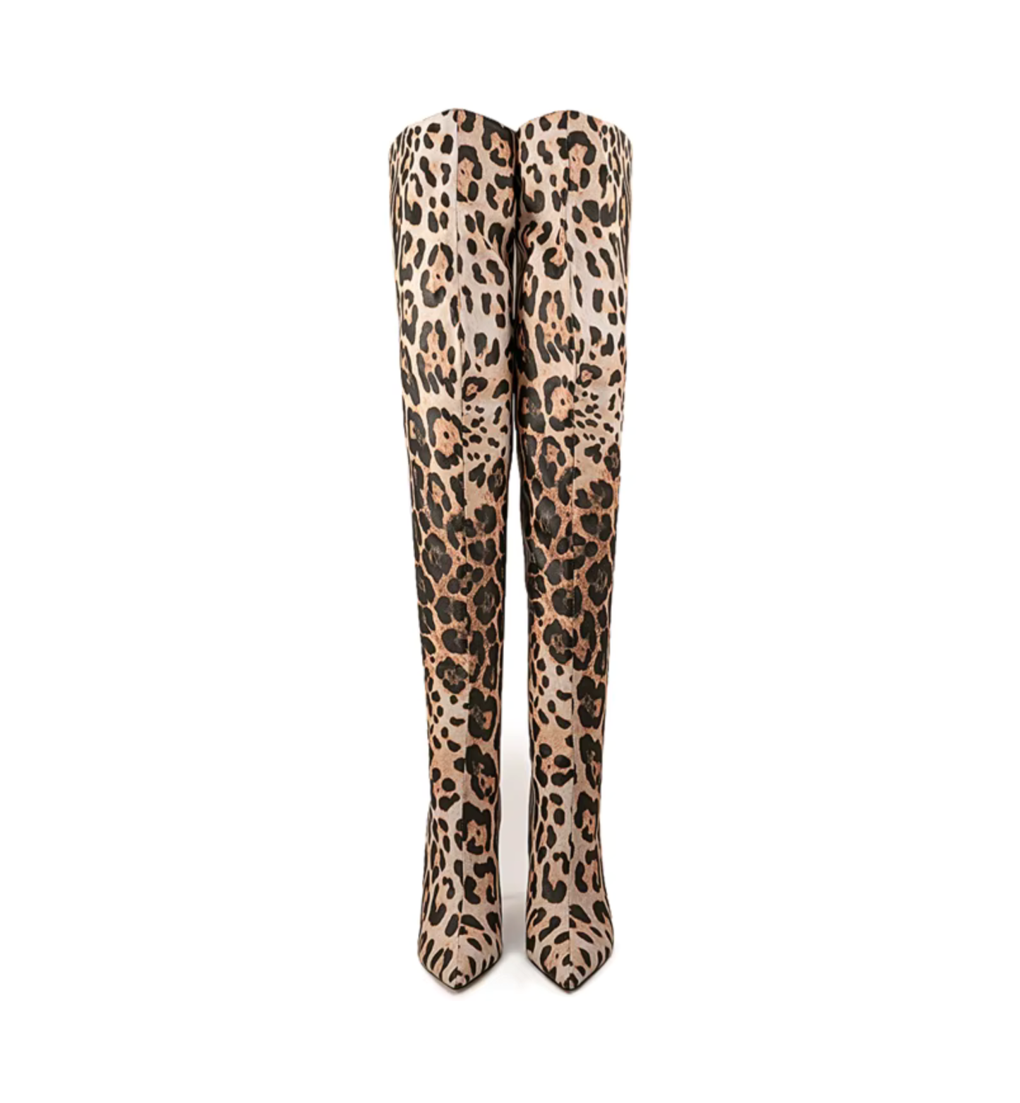 Woman wearing leopard print thigh-high stiletto boots styled with a chic outfit for an elegant statement look.