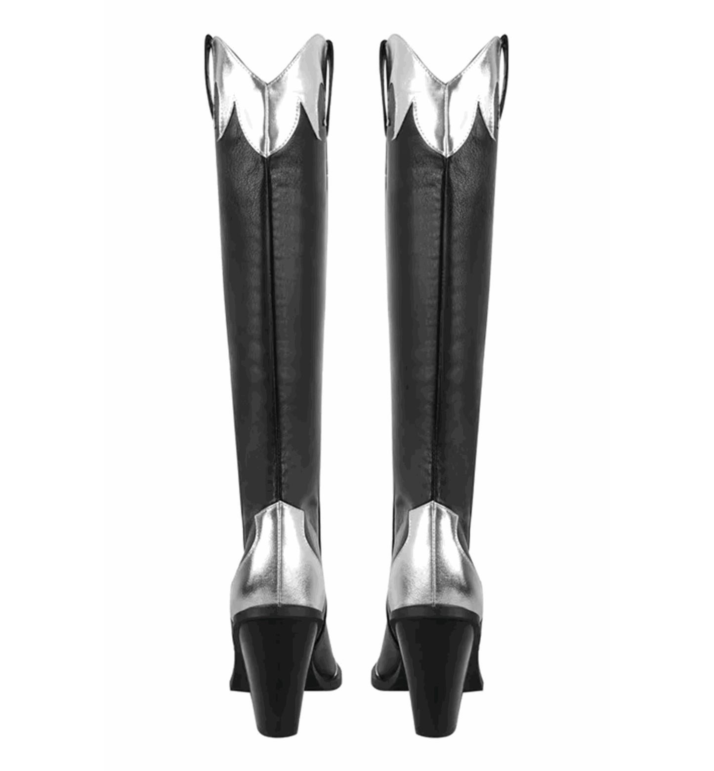 Black knee-high boots with silver metallic tops on a white background