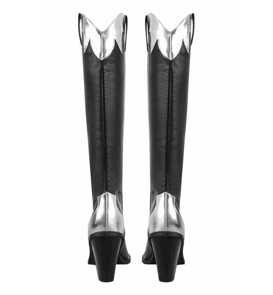 Black knee-high boots with silver metallic tops on a white background