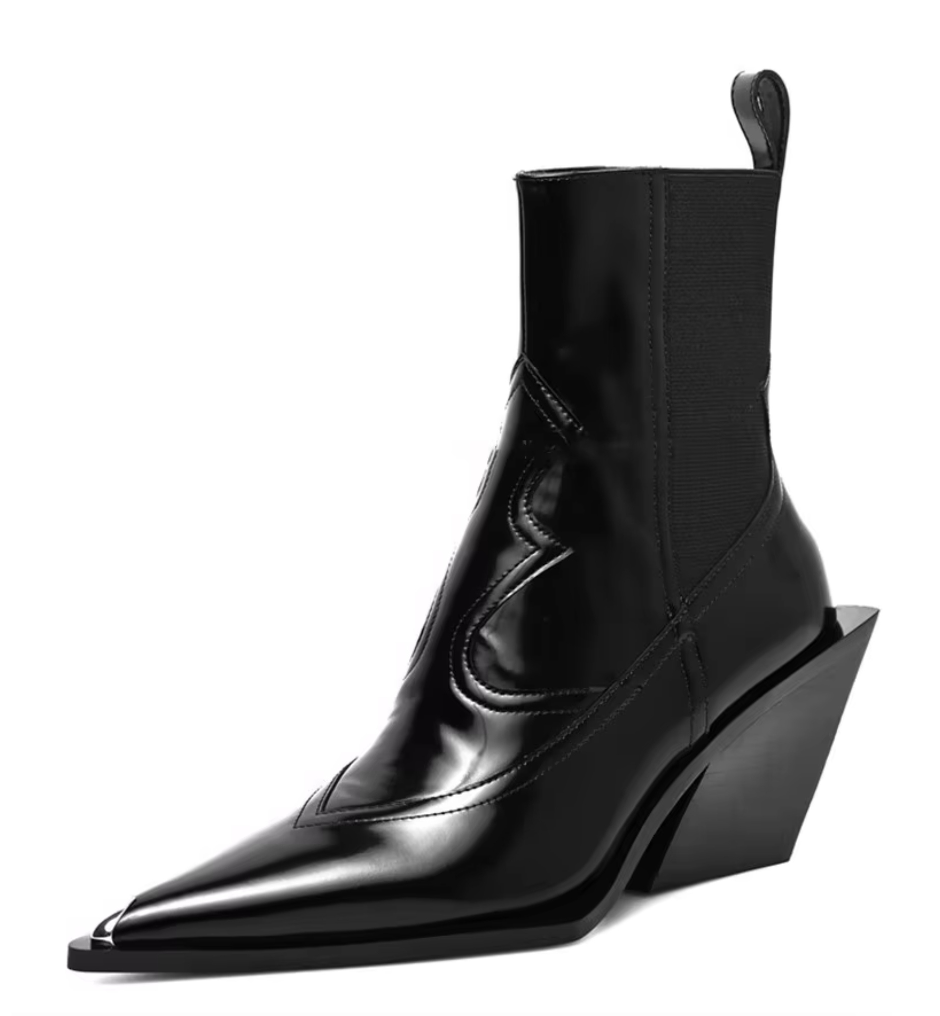 Black leather ankle boot with wedge heel on a white background