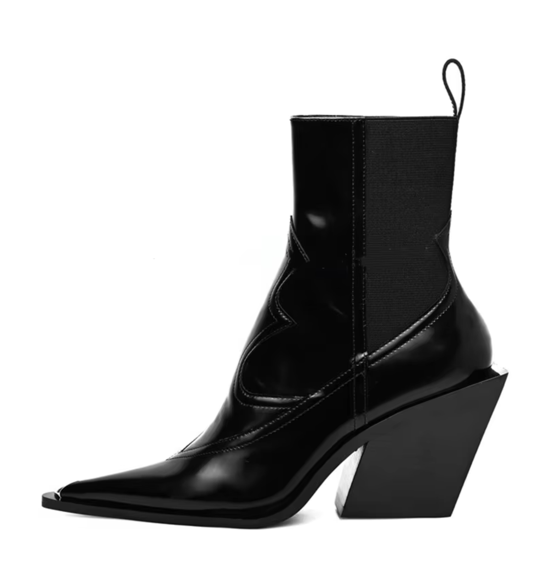 Black ankle boot with a block heel on a white background