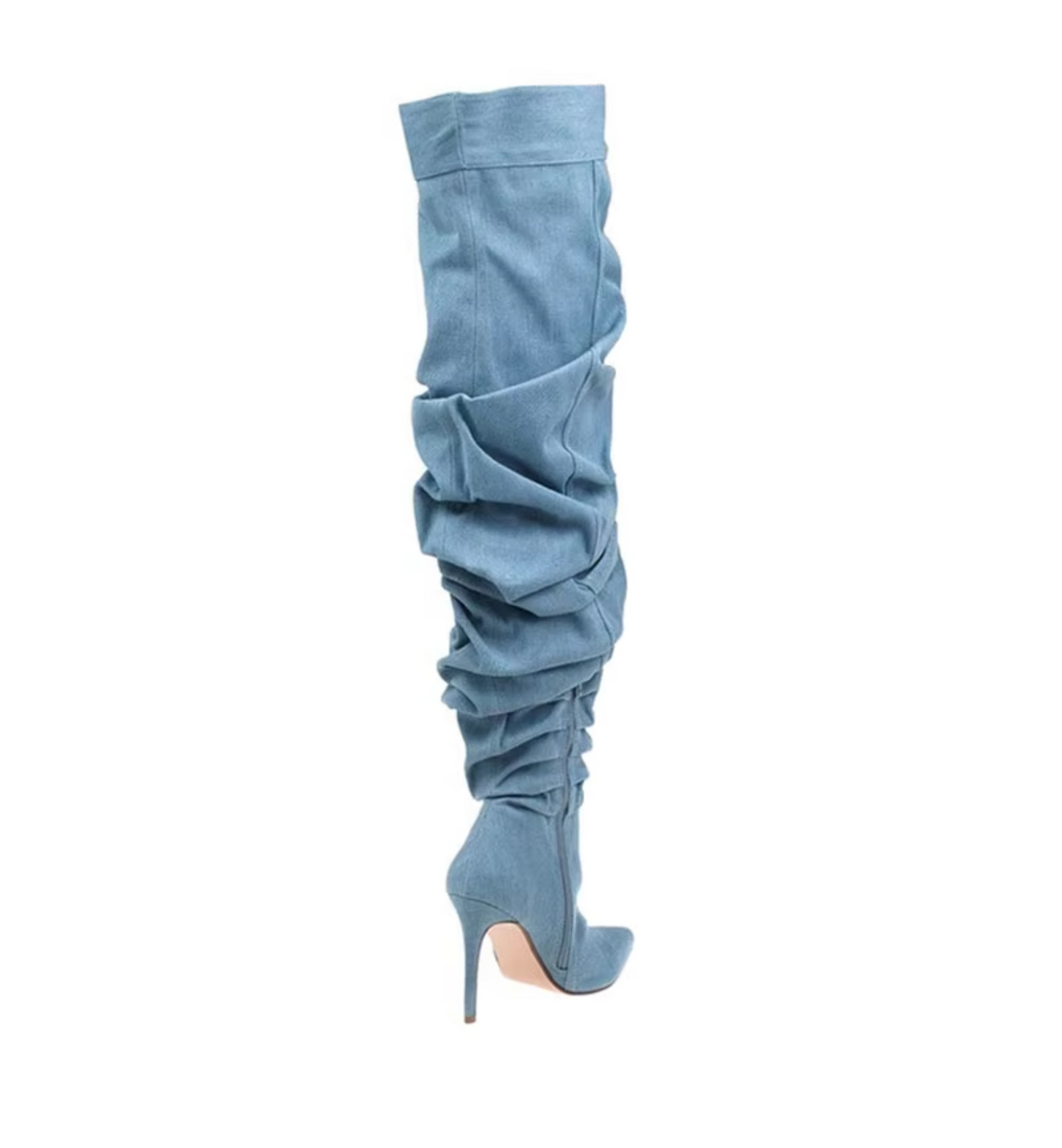Blue denim knee-high boot on a white background