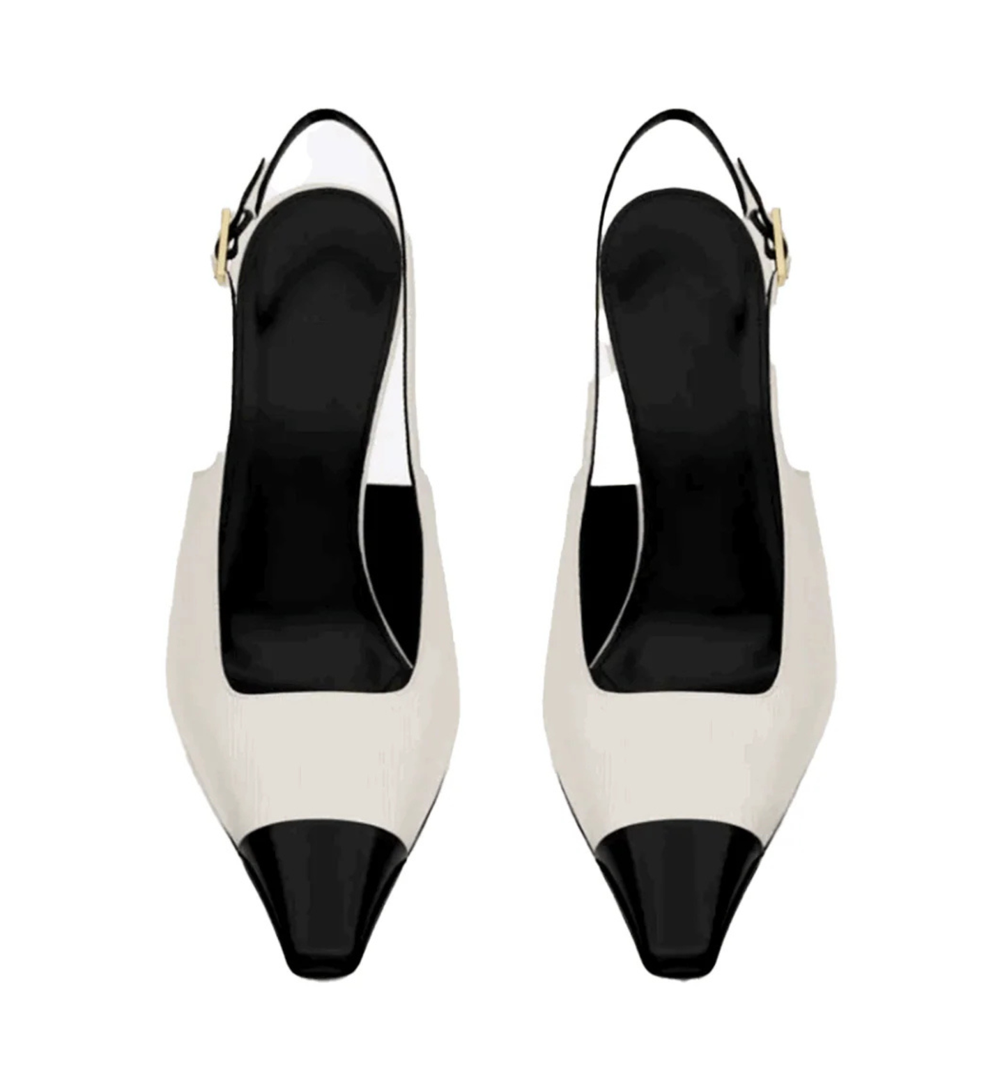 White high-heeled shoes with black toes and heels on a white background