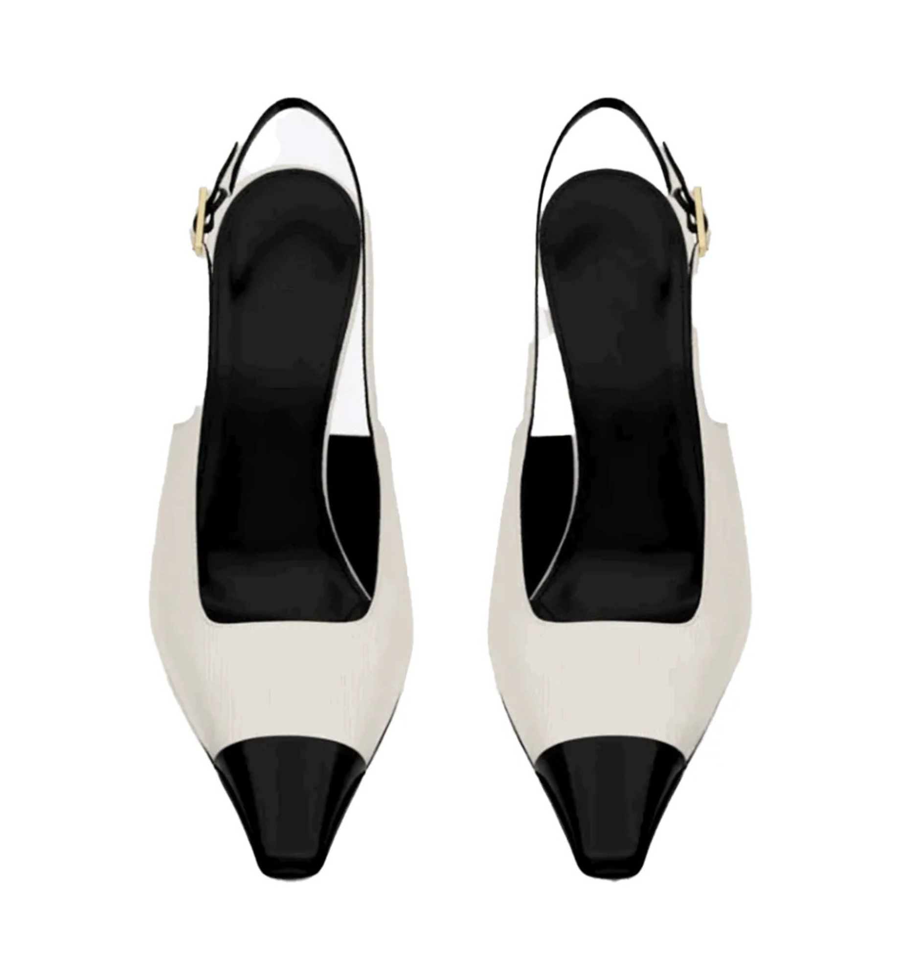 White high-heeled shoes with black toes and heels on a white background