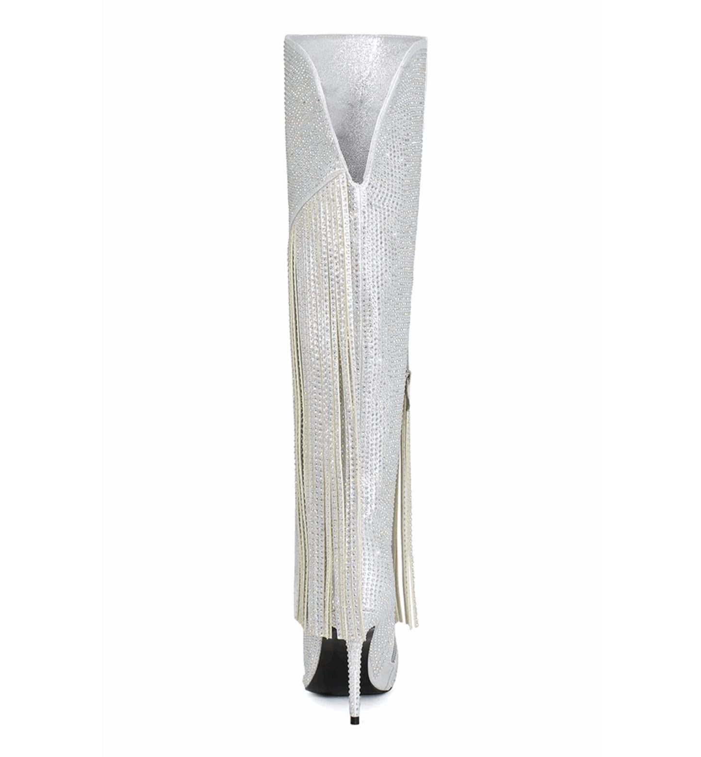 Silver high-heeled shoe with a unique design on a white background