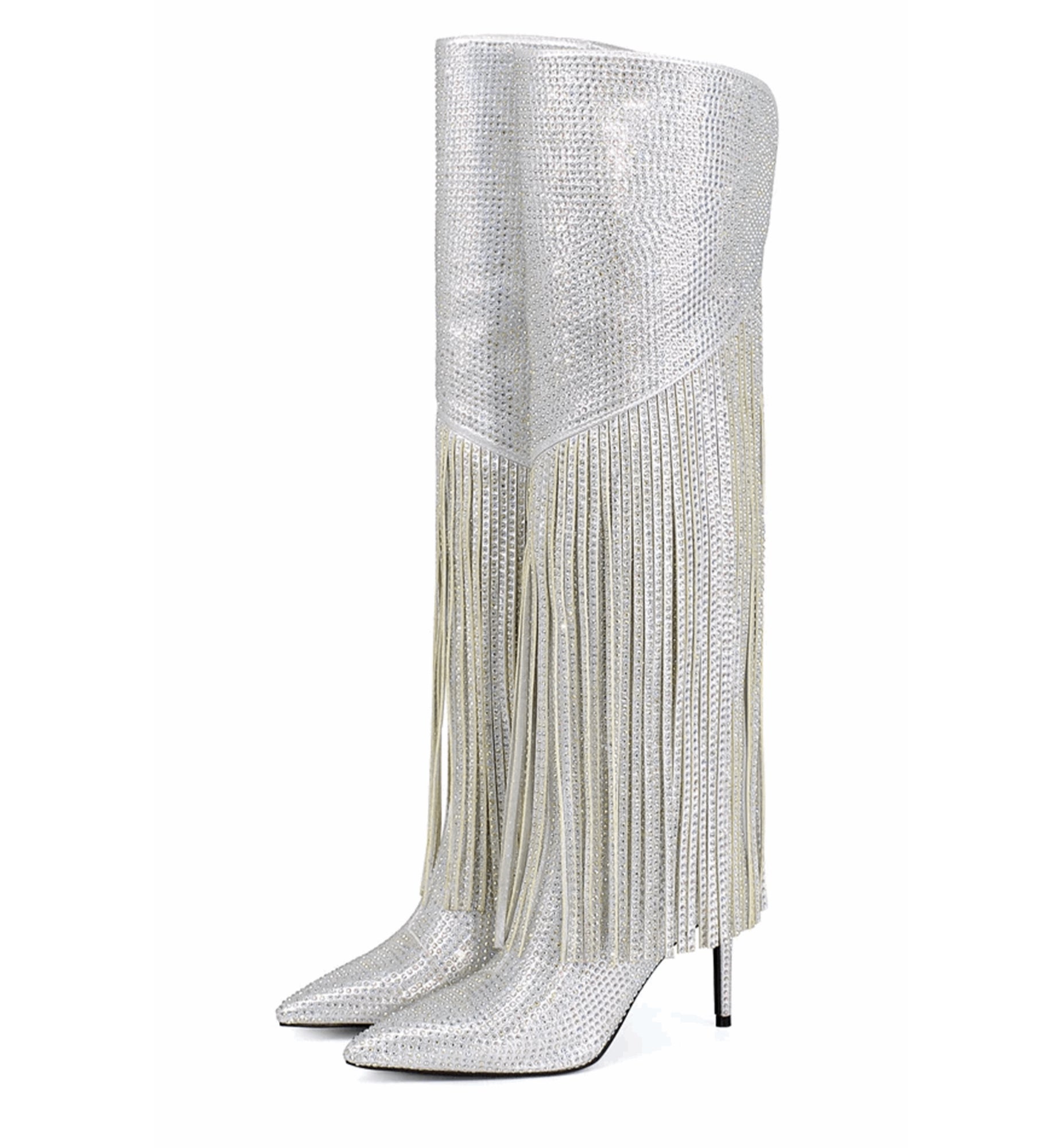 Silver stiletto boots with fringe design on a white background