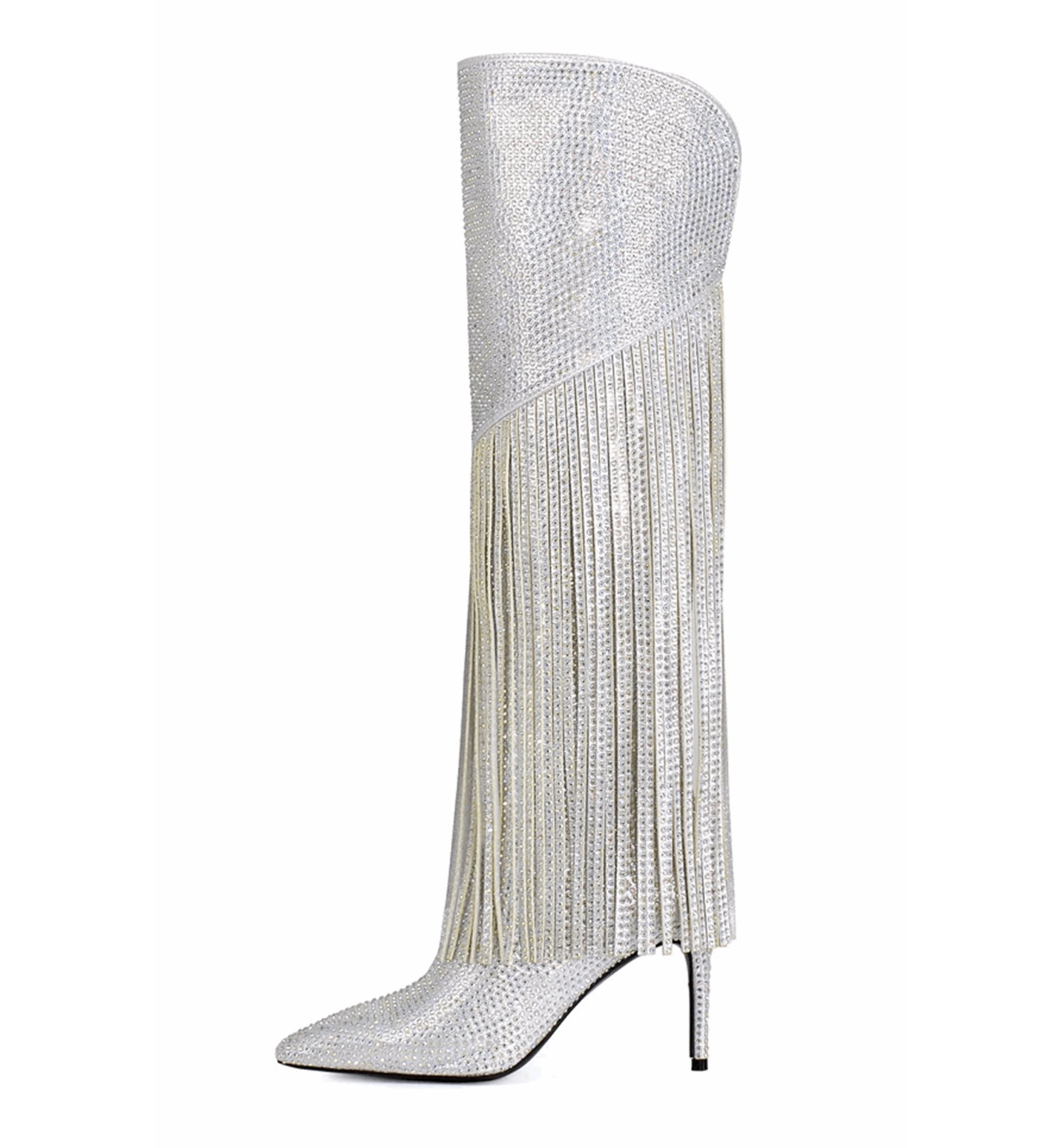Silver stiletto heel boot with fringe design on a white background