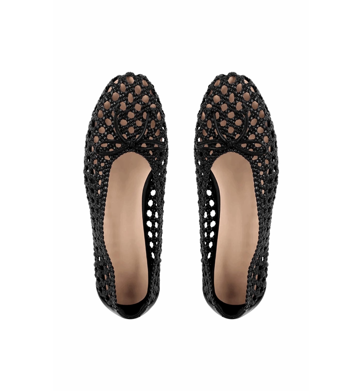 Pair of black crochet flat shoes on a white background