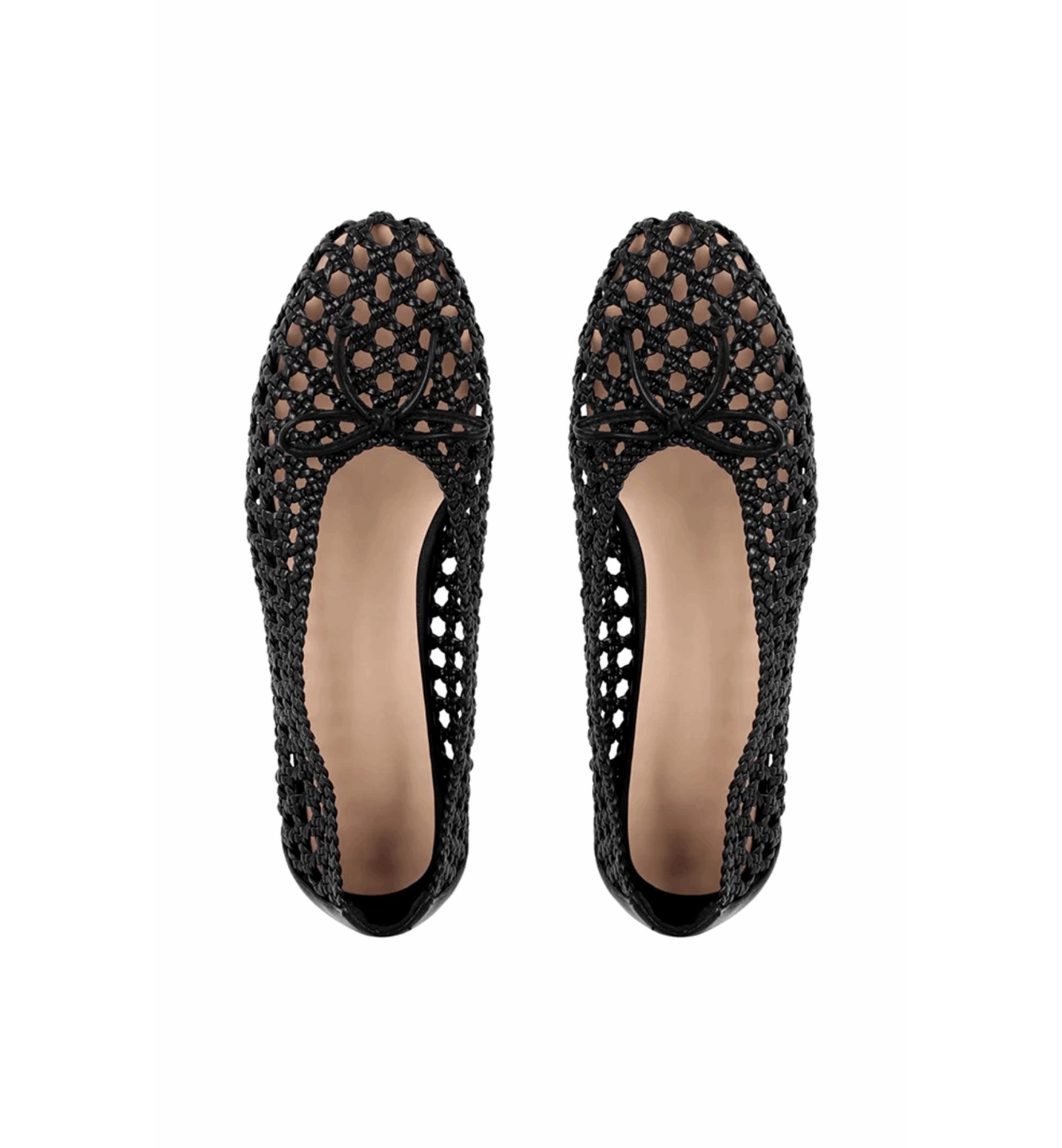 Pair of black crochet flat shoes on a white background