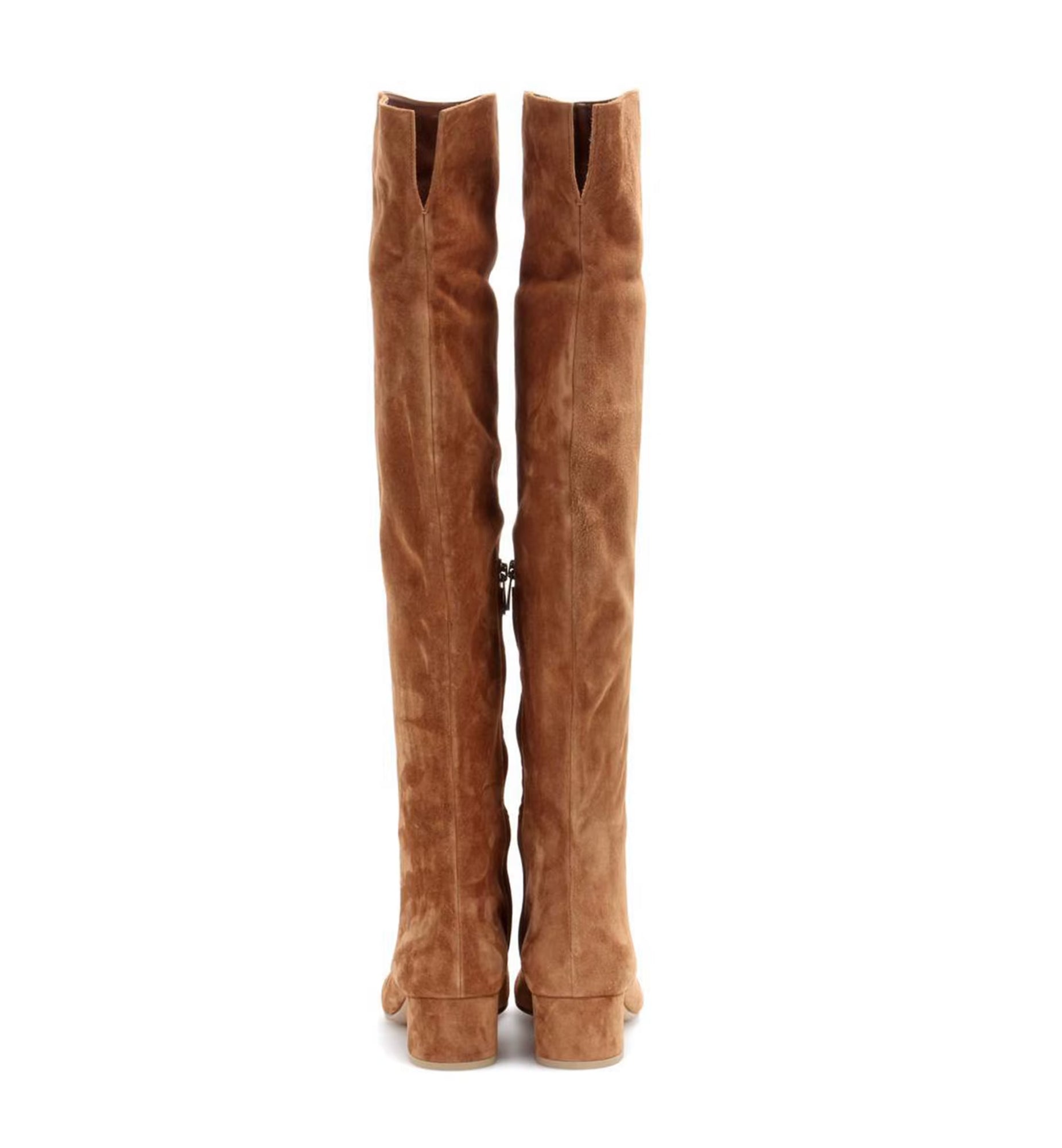 Brown suede knee-high boots on a white background