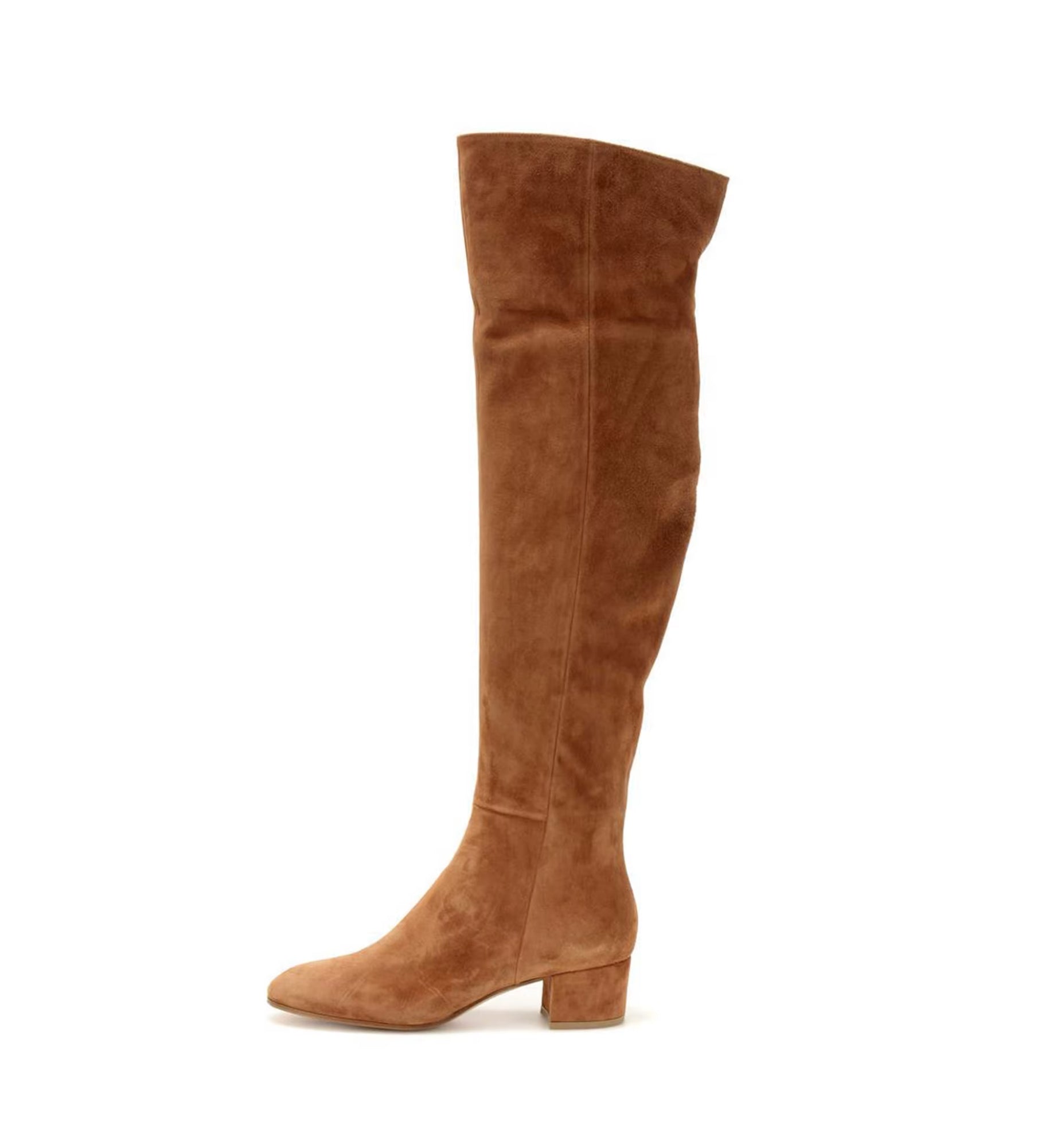 Brown suede knee-high boot on a white background