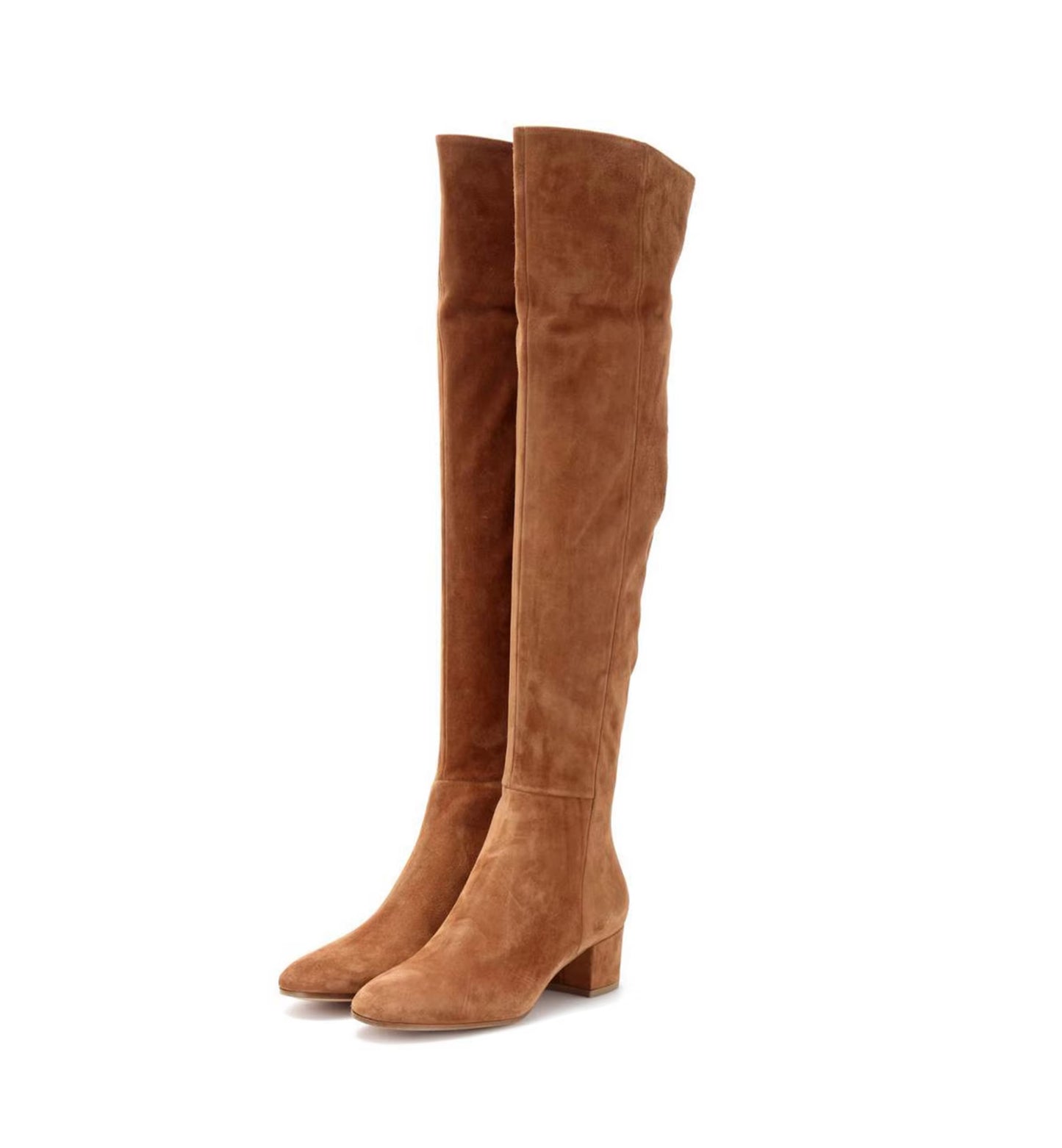 Pair of brown suede knee-high boots on a white background