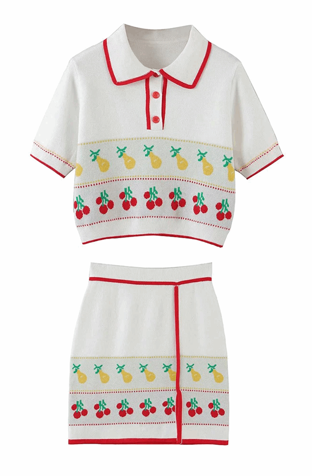 Fruit printed polo crop top and mini skirt set