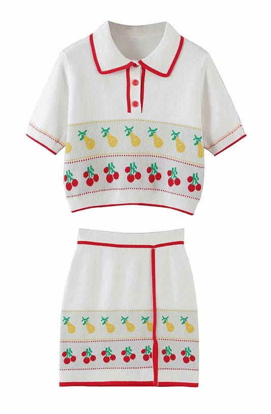 Fruit printed polo crop top and mini skirt set