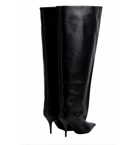 Black knee-high boots with high heels on a white background