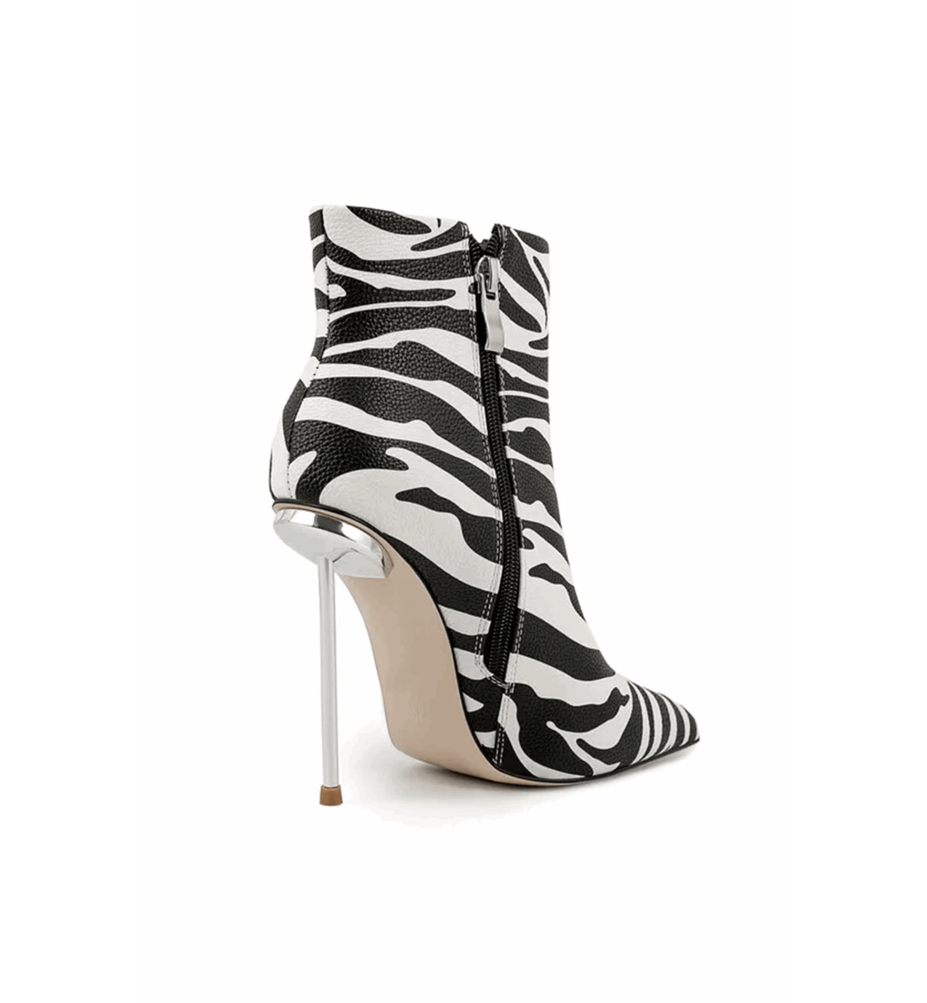 Zebra print high-heeled ankle boot on a white background
