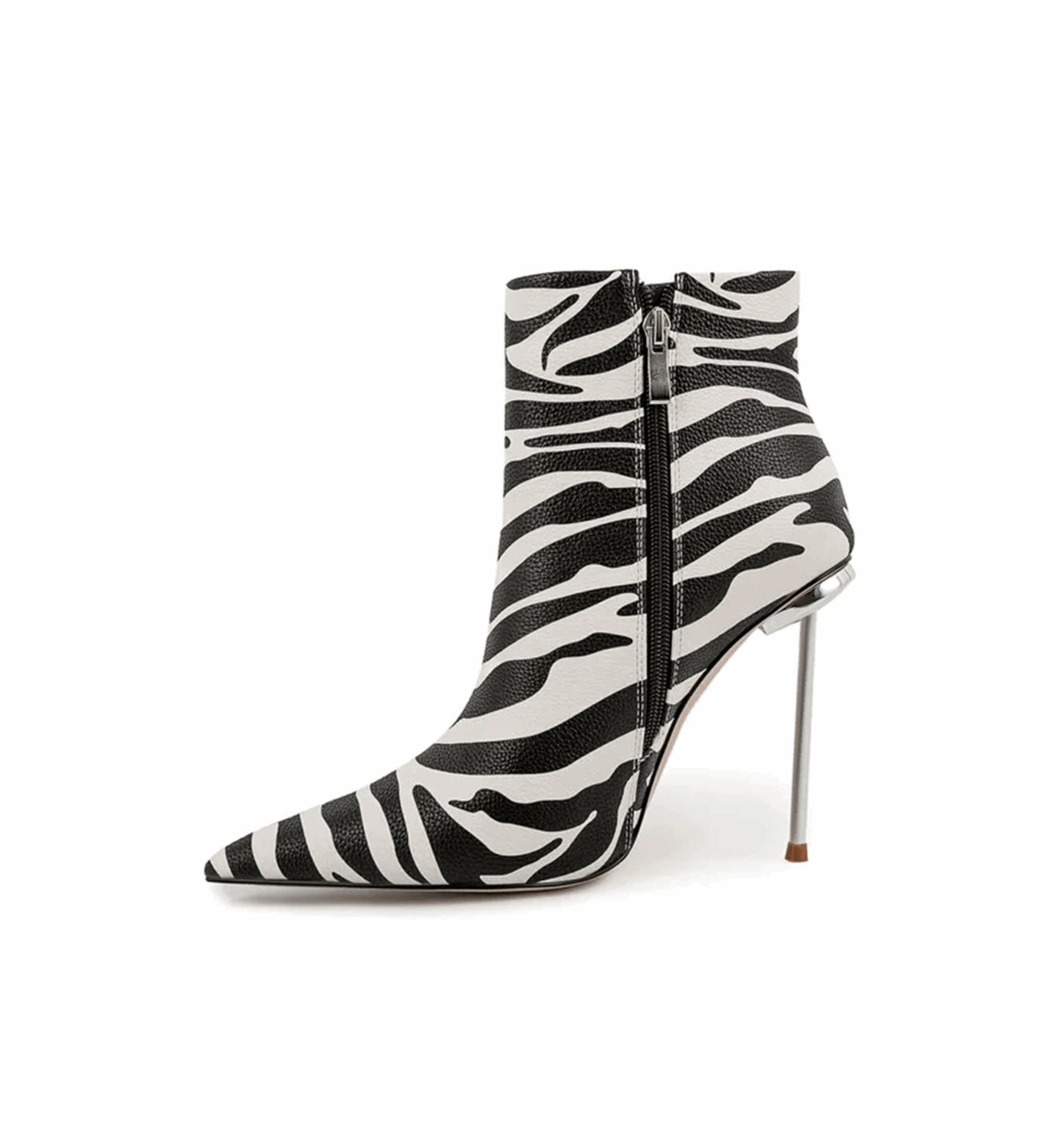 Zebra print high-heeled ankle boot on a white background