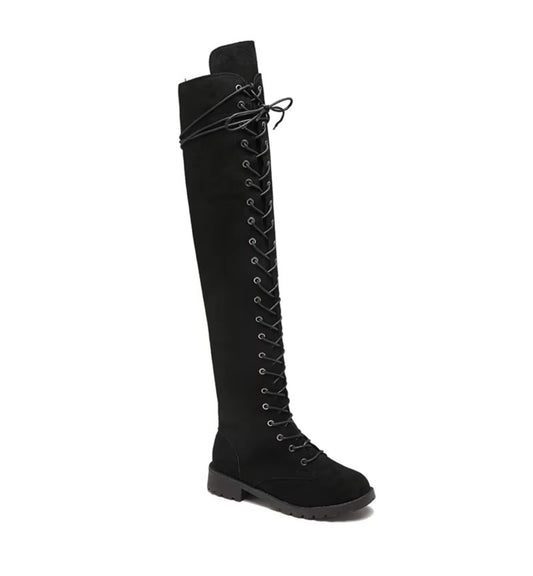 Black knee-high boot with lace-up design on a white background