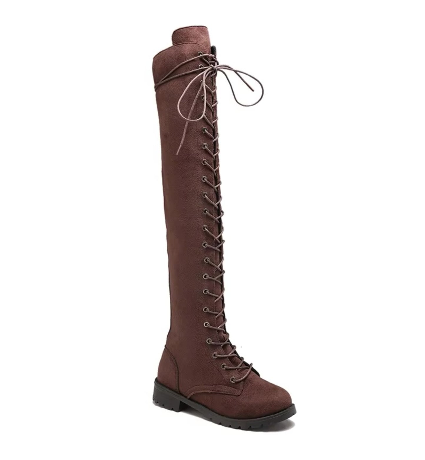 Brown knee-high boot with lace-up design on a white background