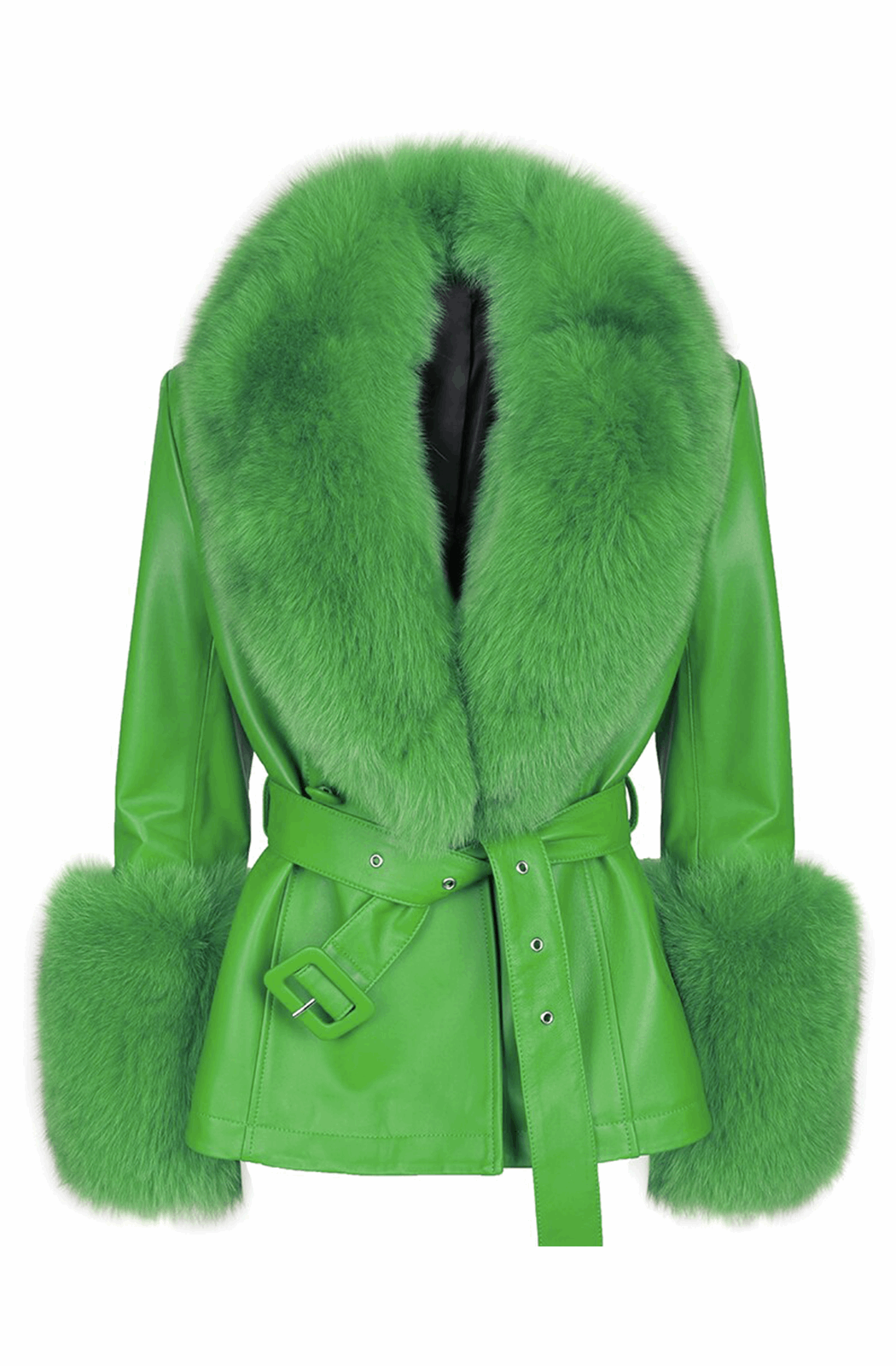 Leather jacket with fur collar and cuffs