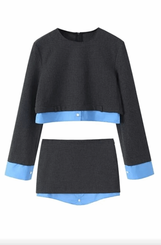 Patchwork plaid shirt and mini skirt set