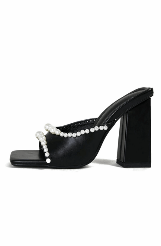 Square open toe heeled sandals with pearls