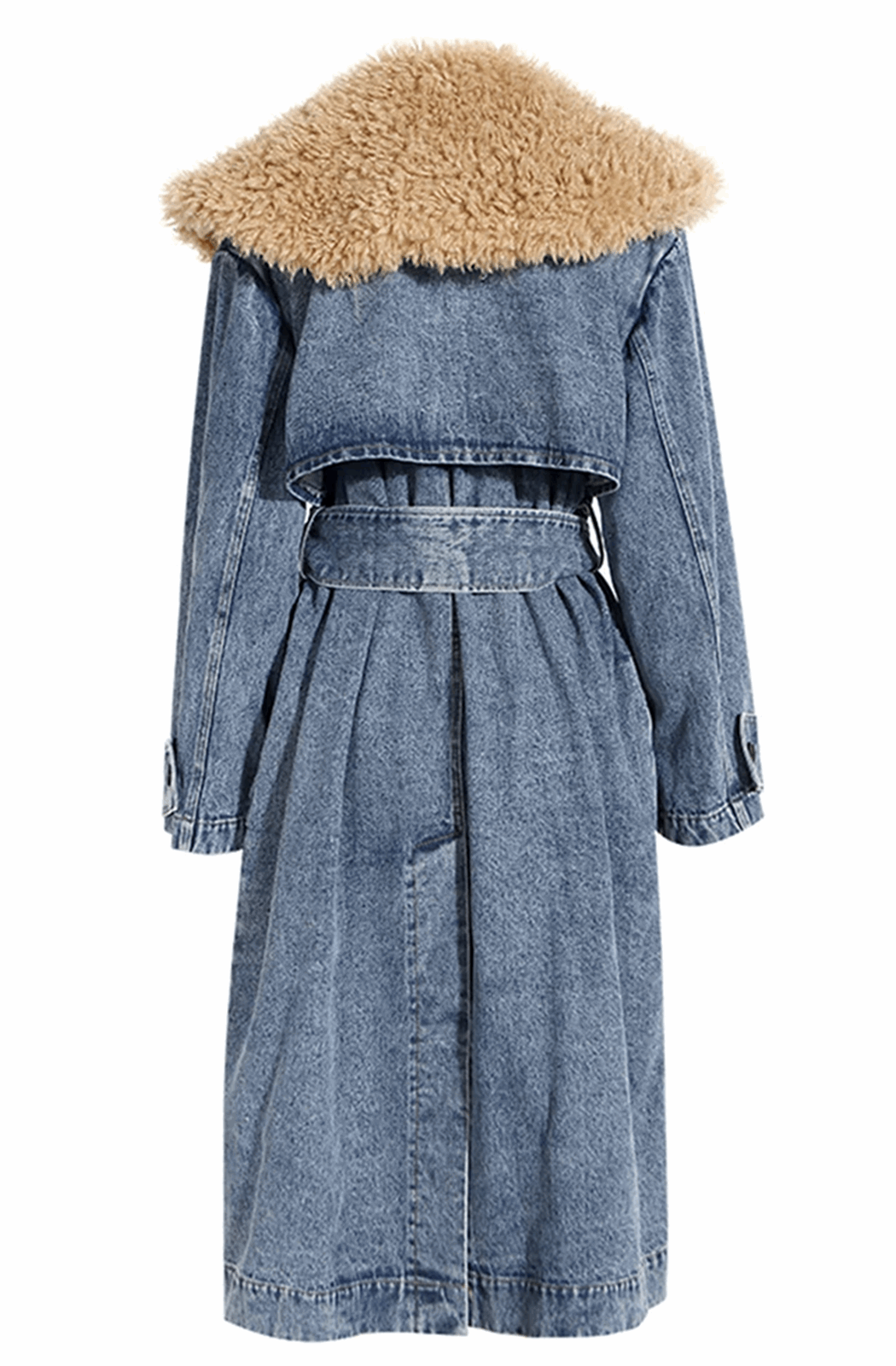 Denim trench coat with fur collar