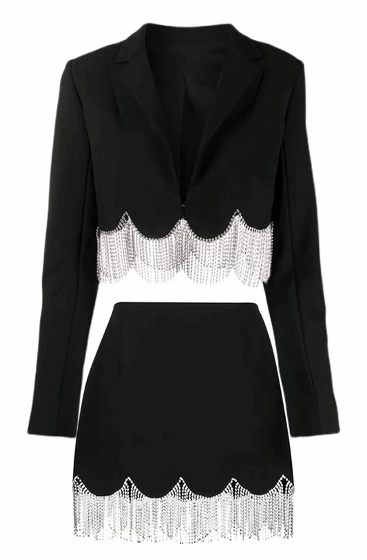 Rhinestone fringe cropped blazer and skirt set