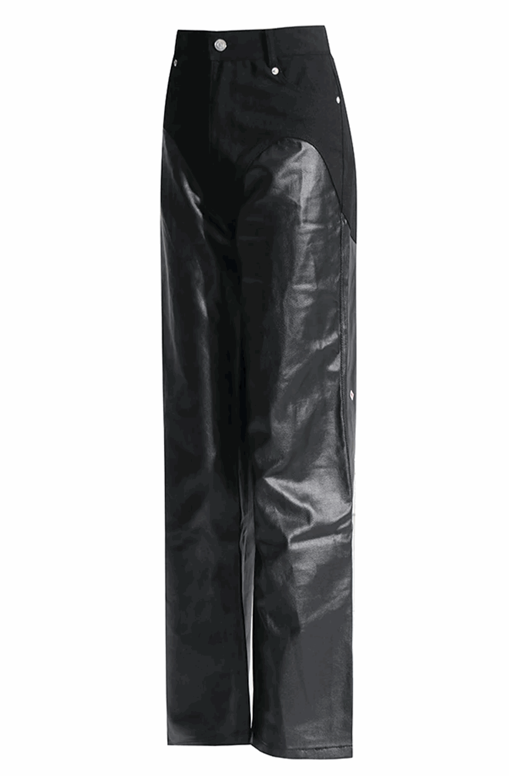 Bi-material leather and denim pants