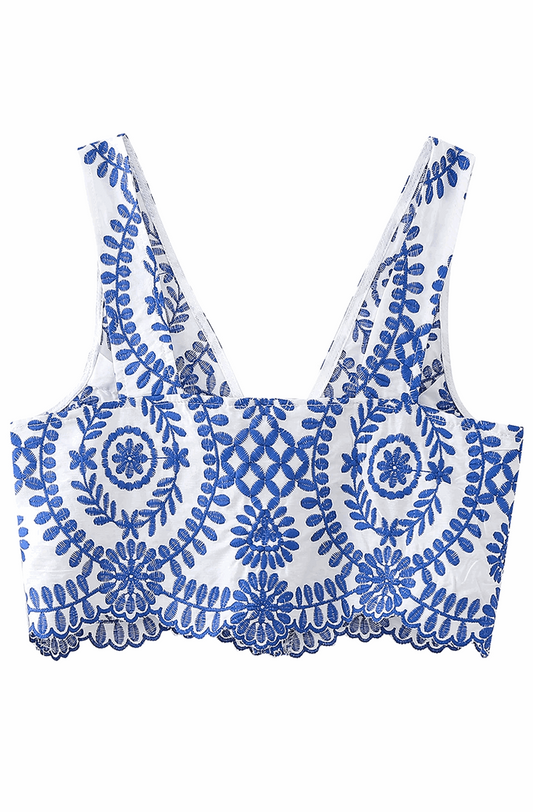 White and blue embroidery crop top